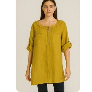 Ellen Tracy pop over top blouse Linen gold hardware roll tab sleeve yellow SZ XL